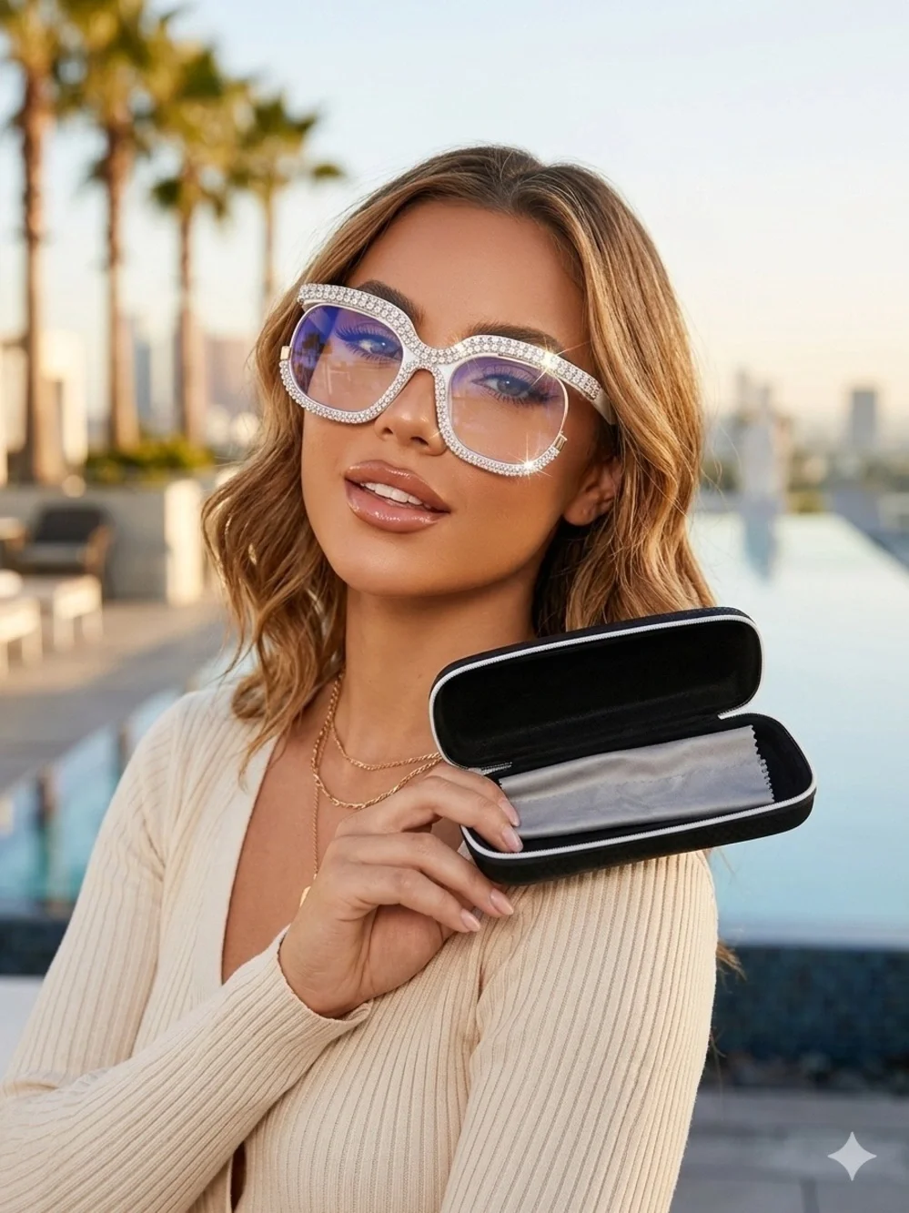 Glamorous Rhinestone Embellished Statement Glasses - Crystal-Studded Blue Light